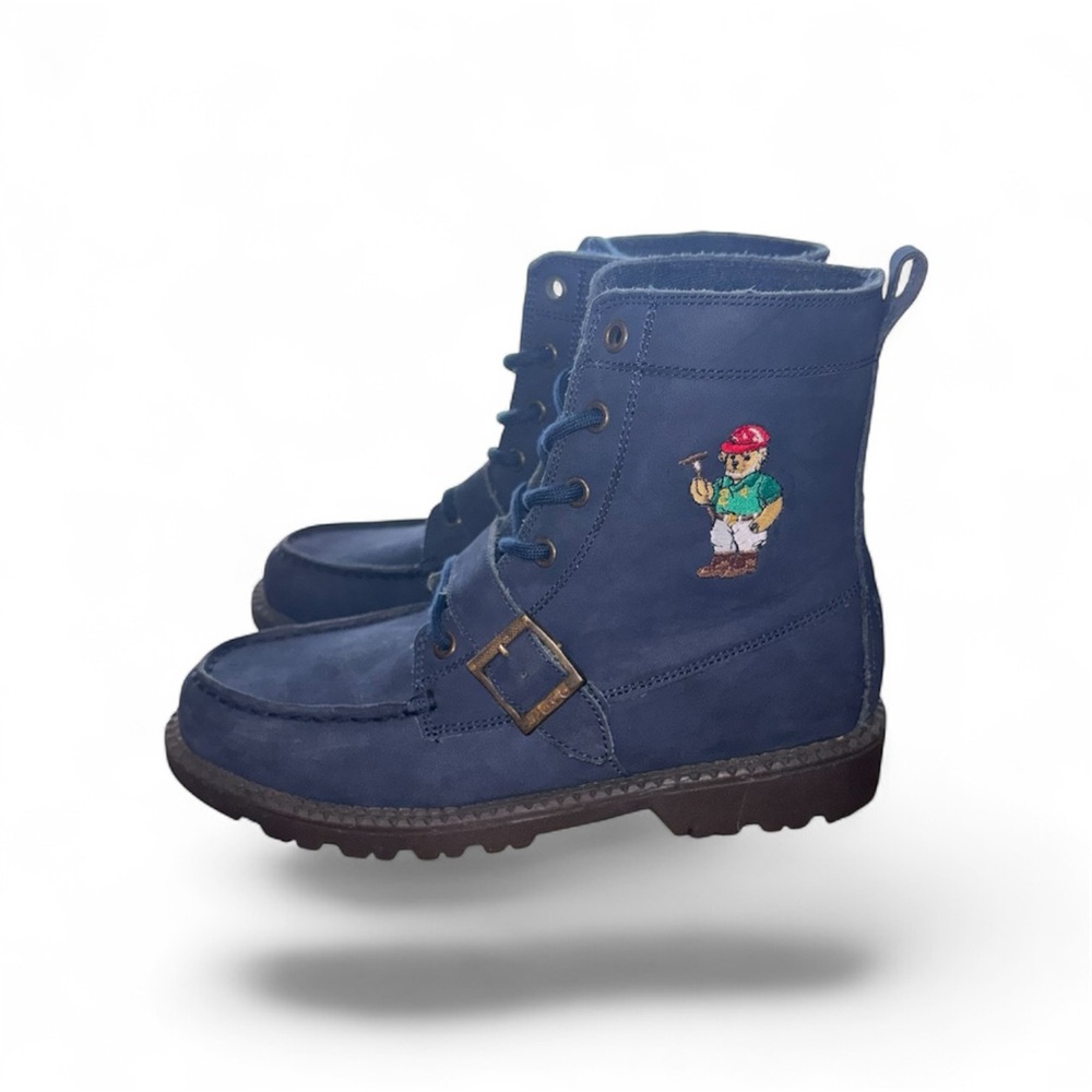 Ralph Lauren Navy Blue Leather Boots Classic Teddy Bear logo Stylish Kids